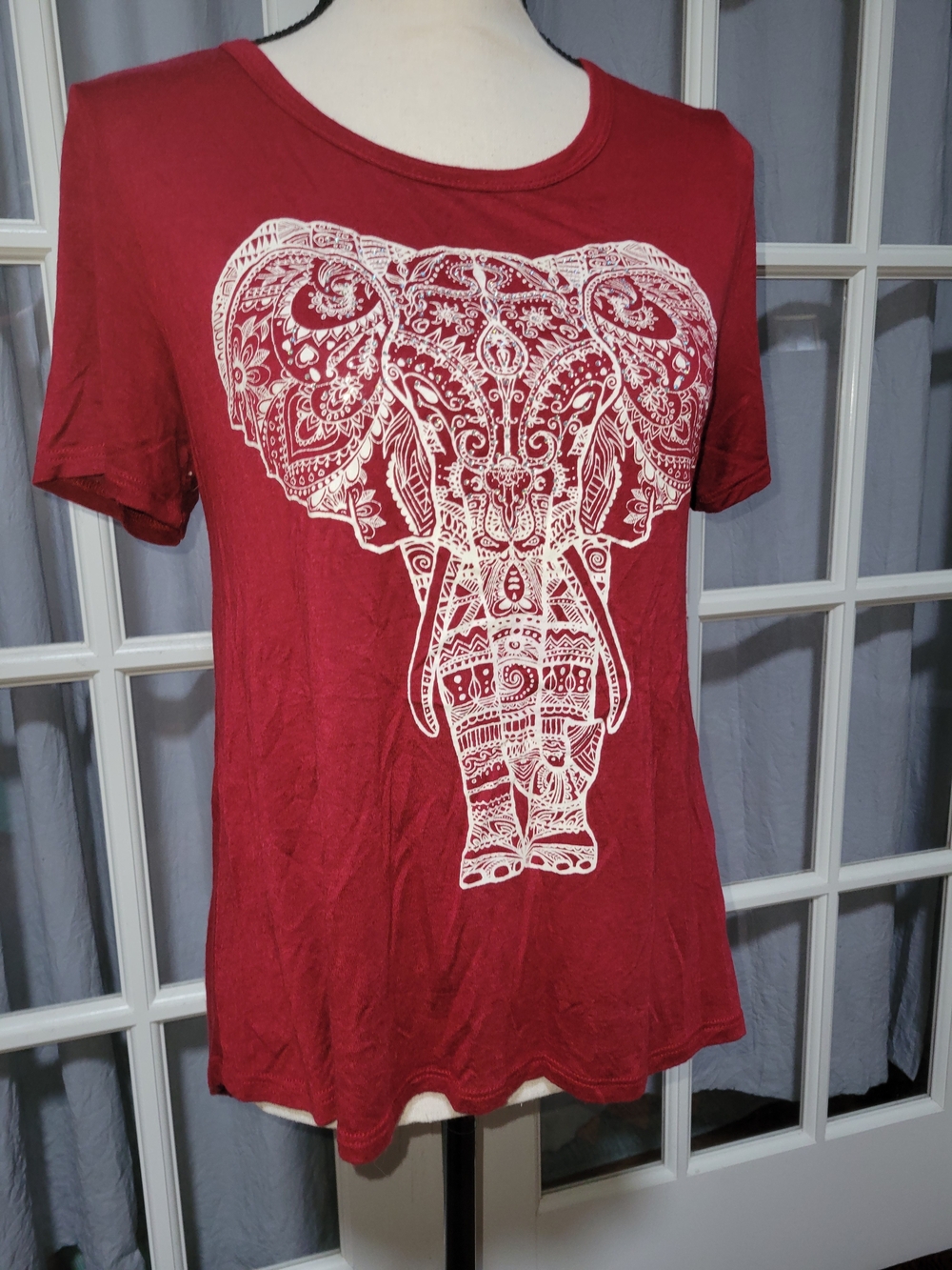 Women's Red Short Sleeve Tee with White Elephant Graphic